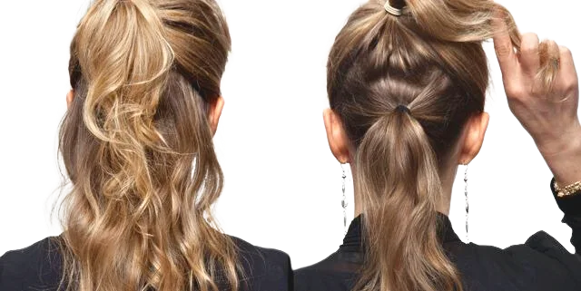 Double ponytail hairstyle to hide thin hair scalp