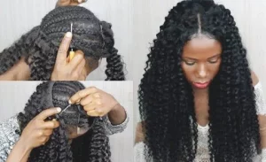 interlocking weave that involves attaching hair extensions with a latch hook or crochet