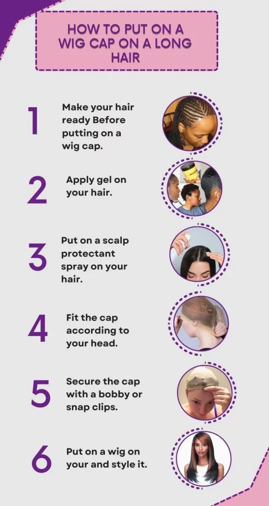 How to put on a wig cap on a long hair infographic