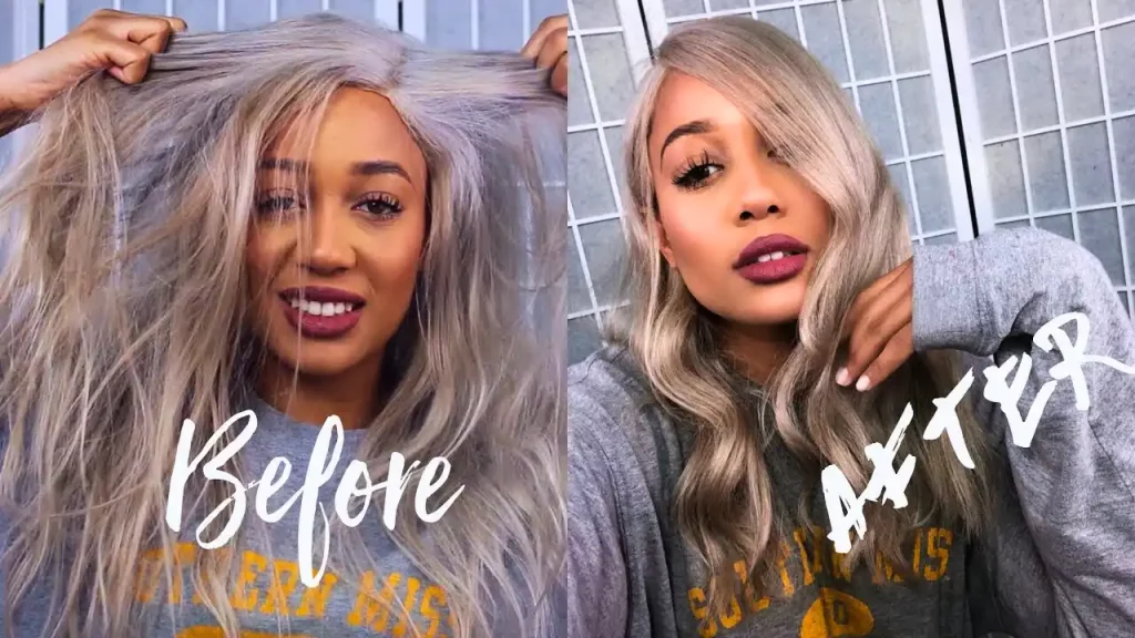Before and after image of human hair wig