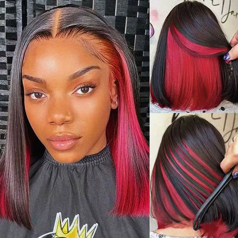 peekaboo style with red and black  lace frontal wig